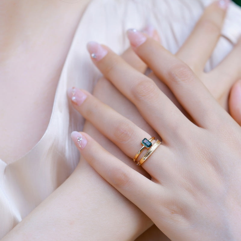 New light luxury fashion natural green moss stacked ring female S925 silver-plated aquatic agate open ring