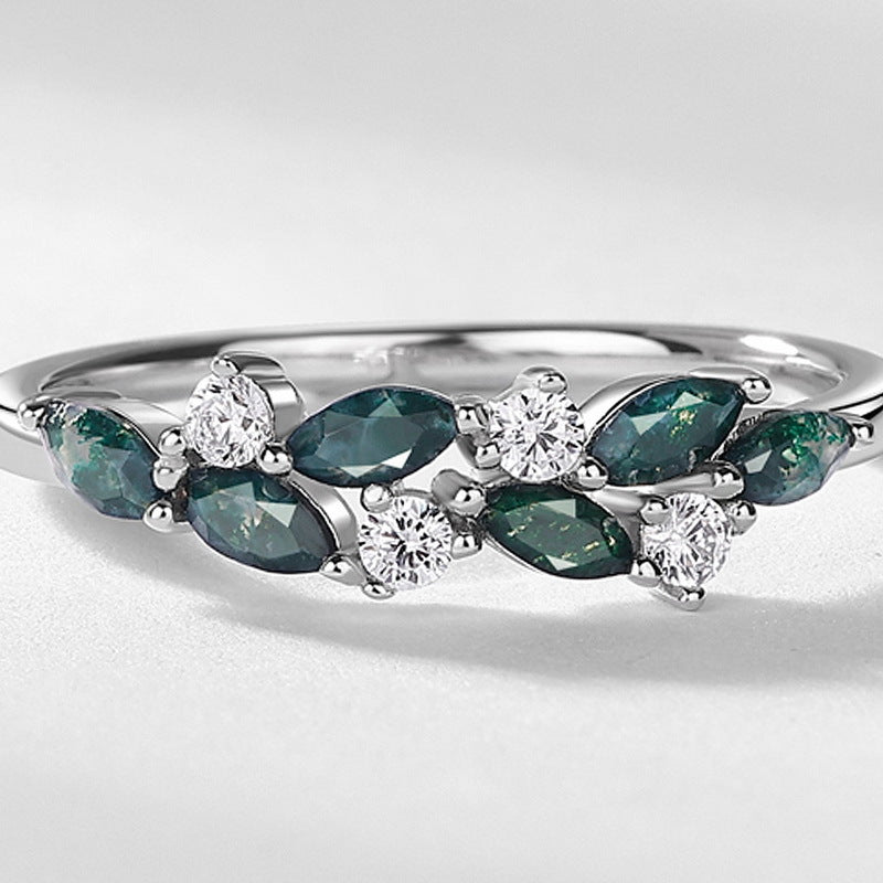 New small fresh geometric leaf green moss stone ring S925 silver natural aquatic agate index finger ring simple