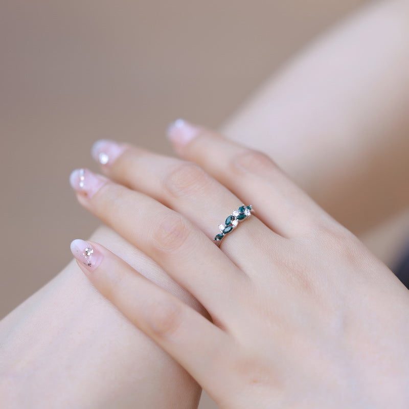 New small fresh geometric leaf green moss stone ring S925 silver natural aquatic agate index finger ring simple