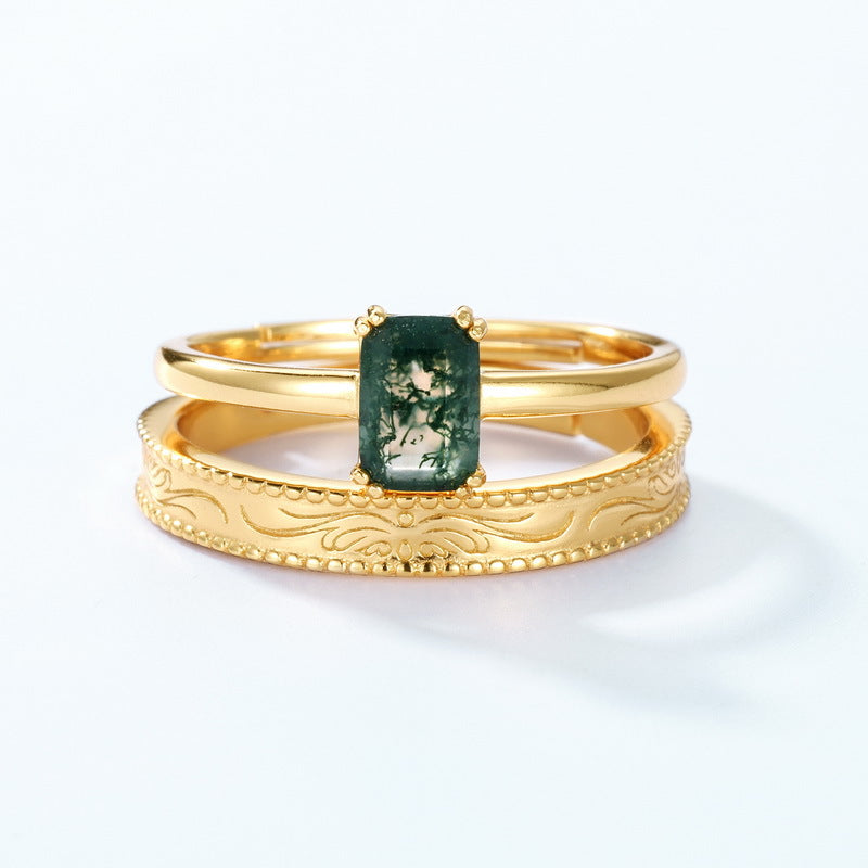New light luxury fashion natural green moss stacked ring female S925 silver-plated aquatic agate open ring