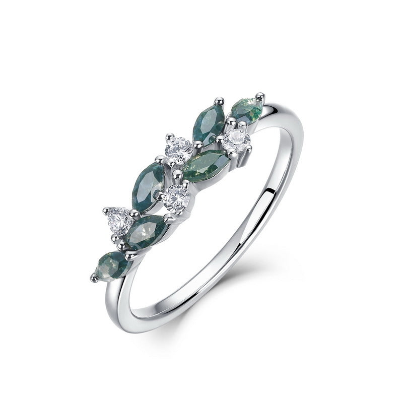 New small fresh geometric leaf green moss stone ring S925 silver natural aquatic agate index finger ring simple