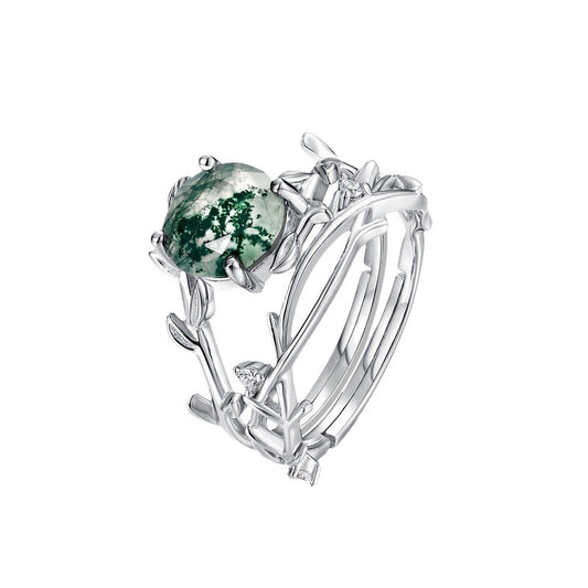 S925 silver green moss ring female aquatic agate finger ring fashionable and unique