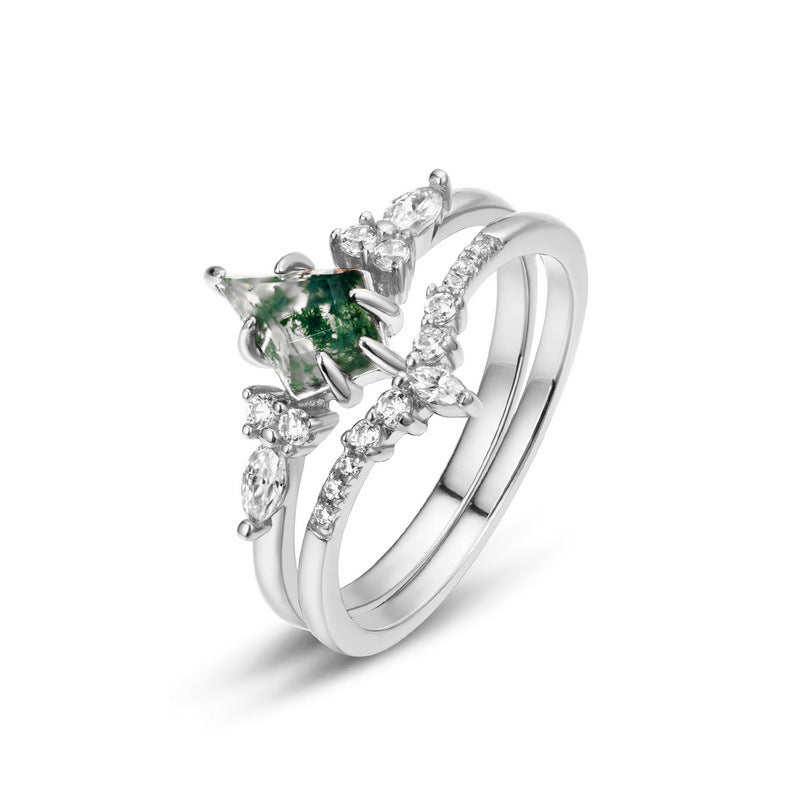 S925 silver green moss stone ring aquatic agate finger ring fashionable light luxury