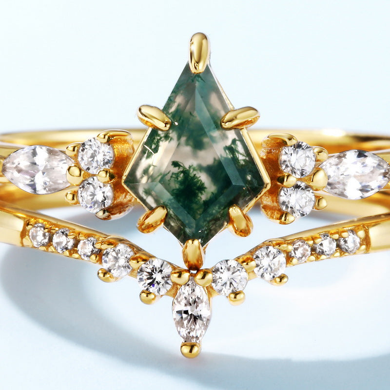S925 silver green moss stone ring aquatic agate finger ring fashionable light luxury