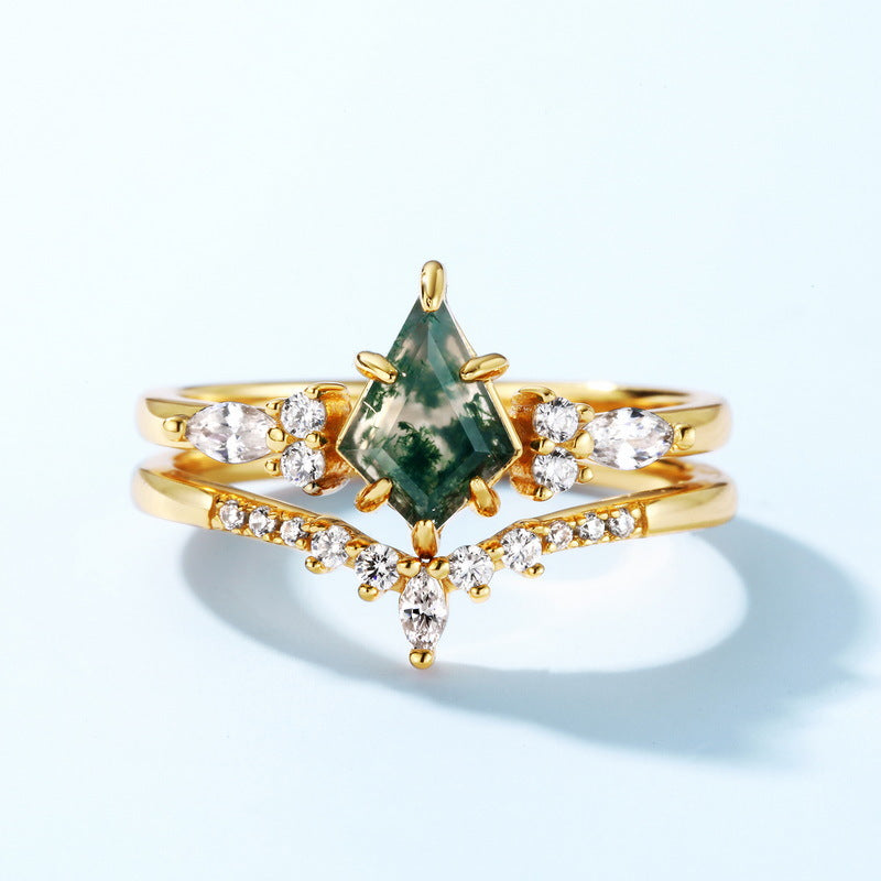 S925 silver green moss stone ring aquatic agate finger ring fashionable light luxury