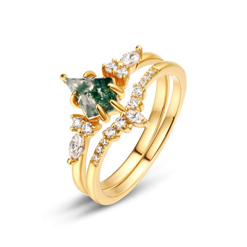 S925 silver green moss stone ring aquatic agate finger ring fashionable light luxury